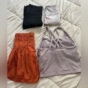 Lilac Strappy Sports Bra with Rust Orange Skirt & Black & Marble Leggings Bundle